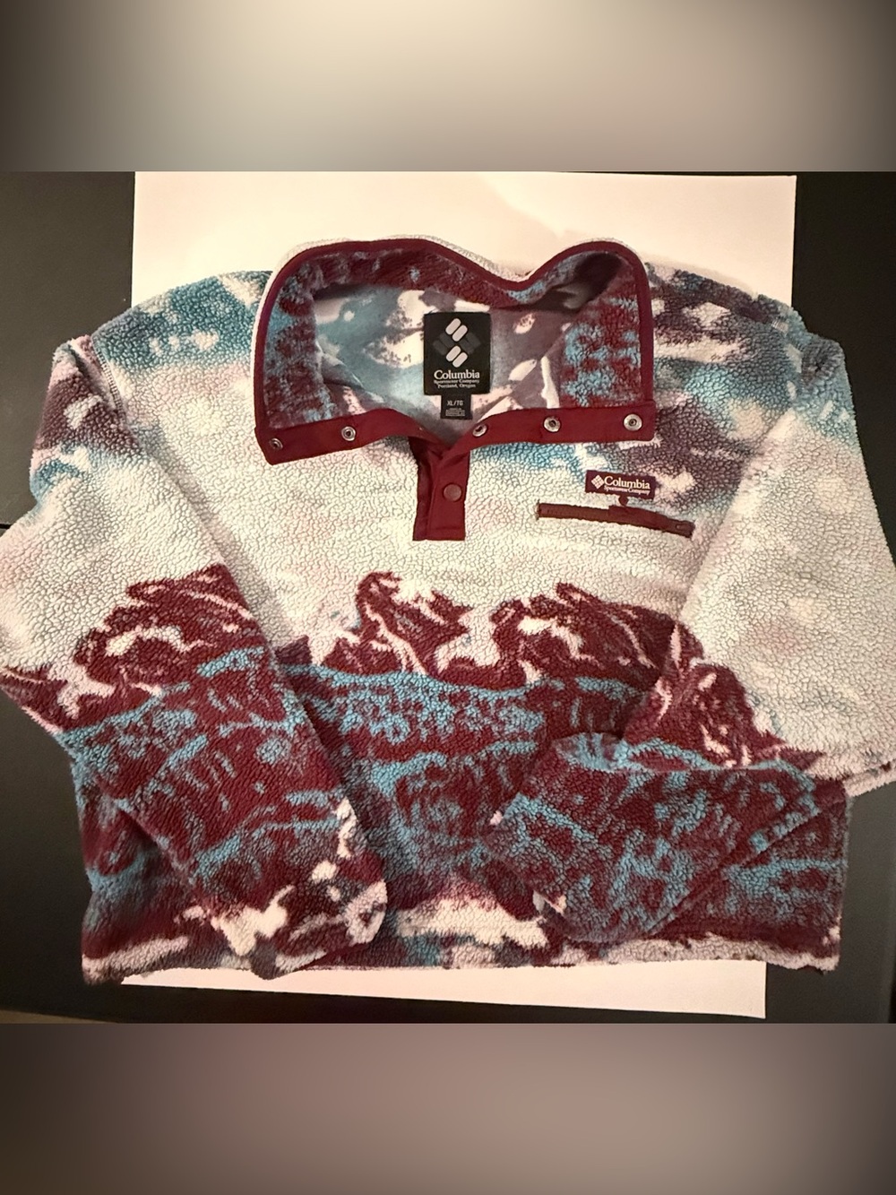 🏔️ Columbia Sherpa Fleece Pullover XL Burgundy Teal Aztec Snap Neck